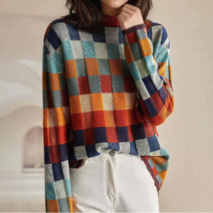 Pull décontracté à carreaux pour femme