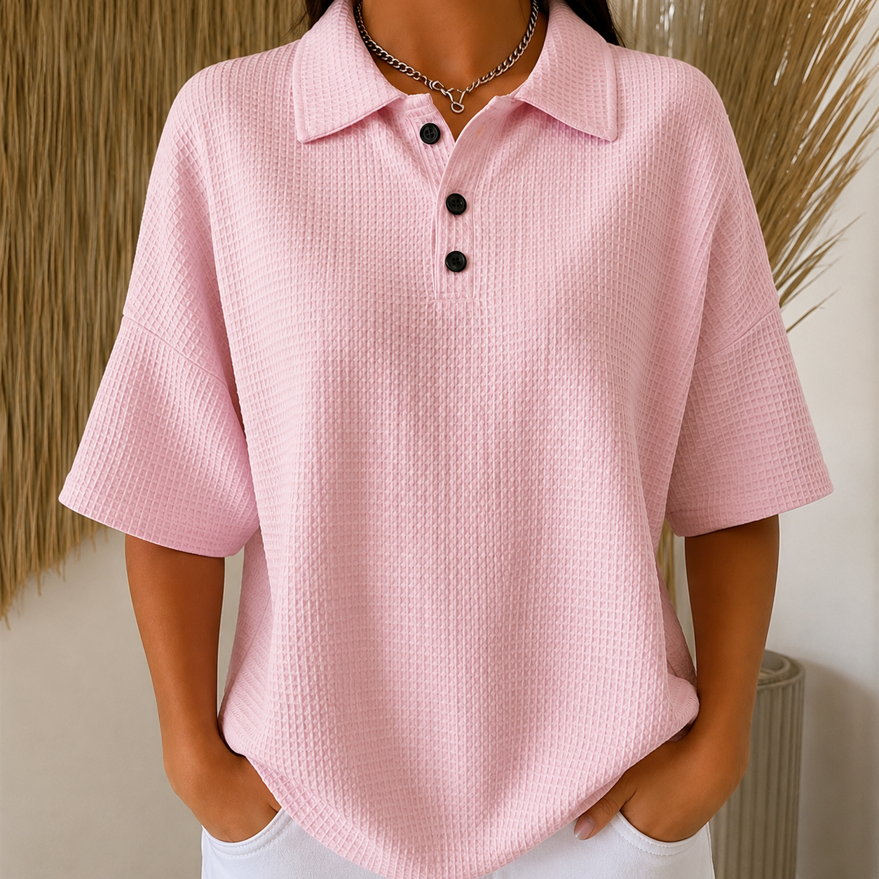 Polo décontracté texturé à manches courtes pour femme