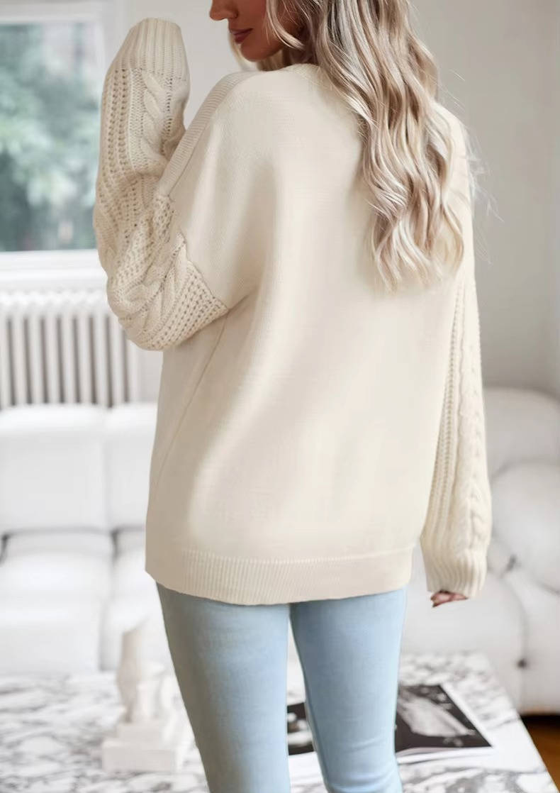 Pull oversize pour femme en maille torsadée | Pull épais à col rond