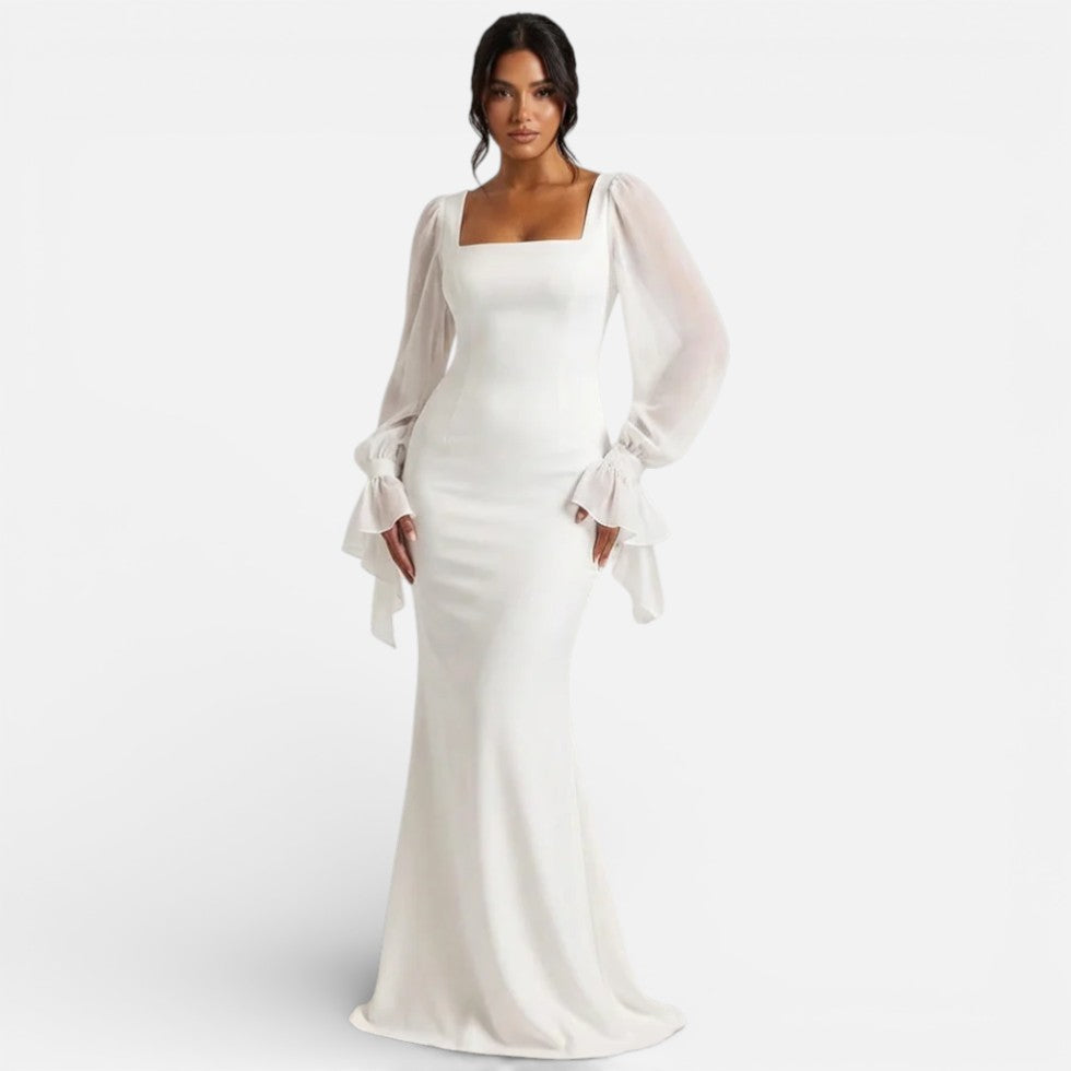 Women's Square Neck Chiffon Sleeve Maxi Evening Dress