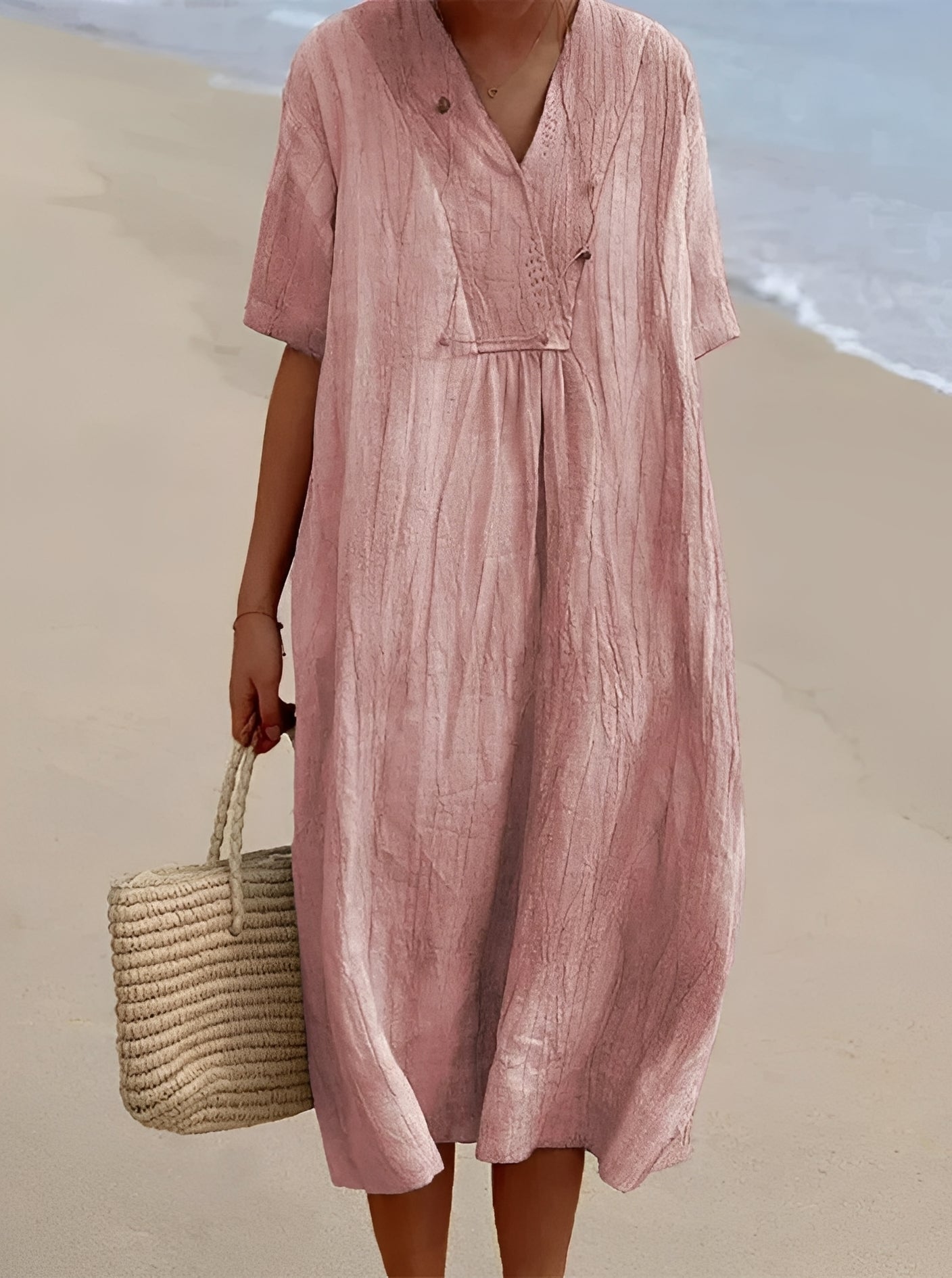 Women's Cotton Blend V Neck Midi Dress for Summer