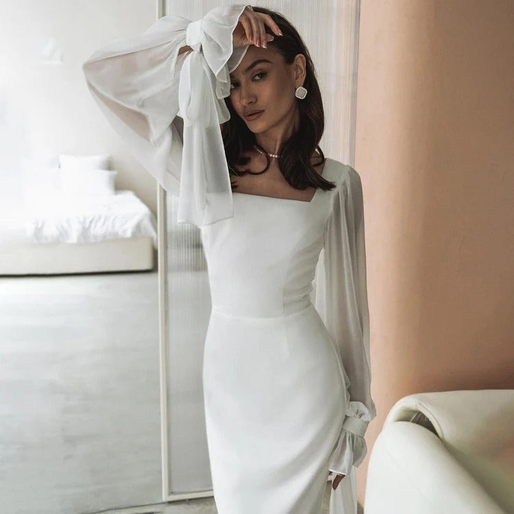 Women's Square Neck Chiffon Sleeve Maxi Evening Dress