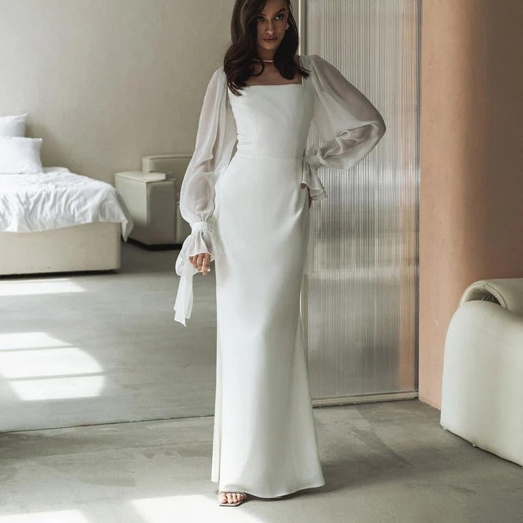 Women's Square Neck Chiffon Sleeve Maxi Evening Dress