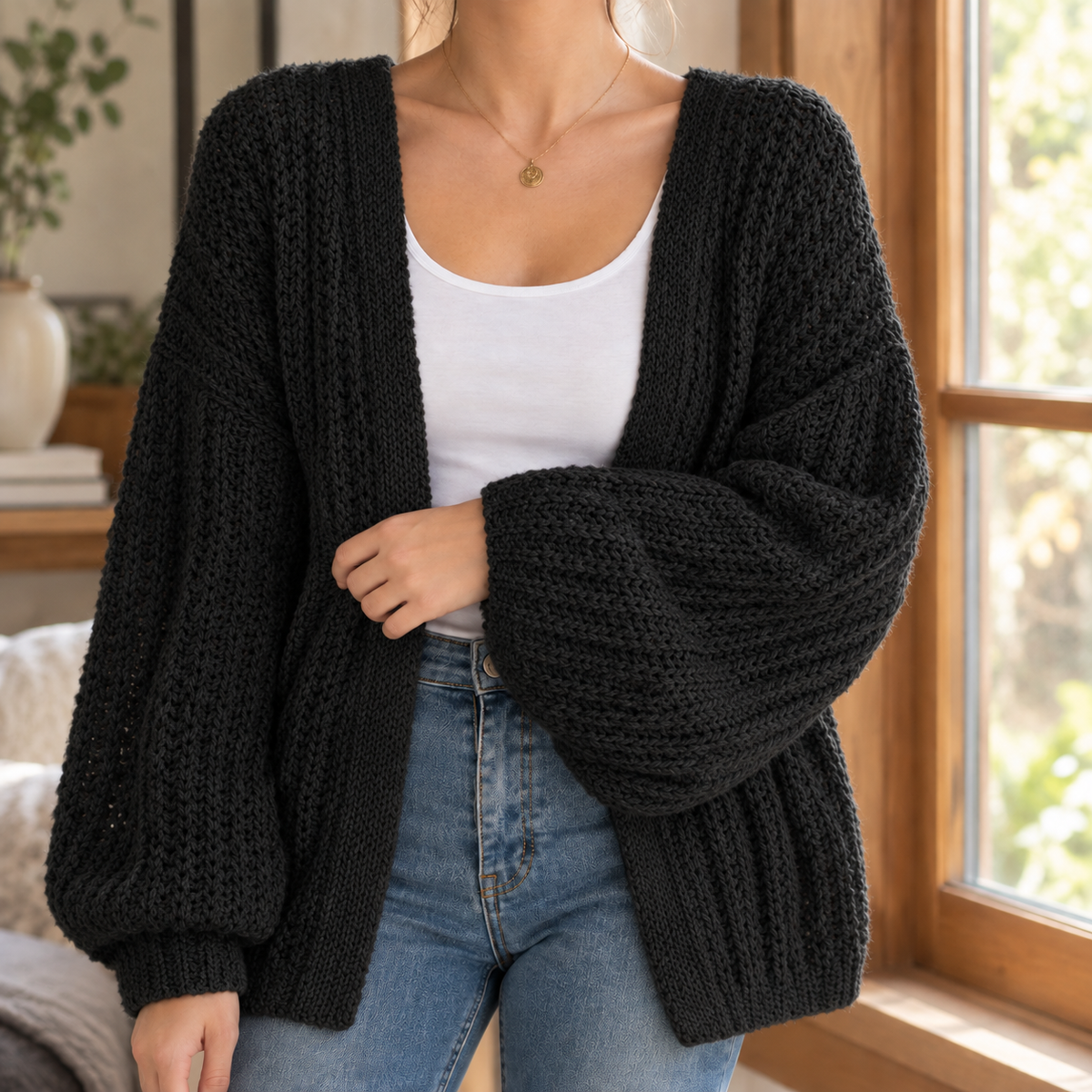 Damski kardigan z grubym splotem | Oversize, z otwartym przodem