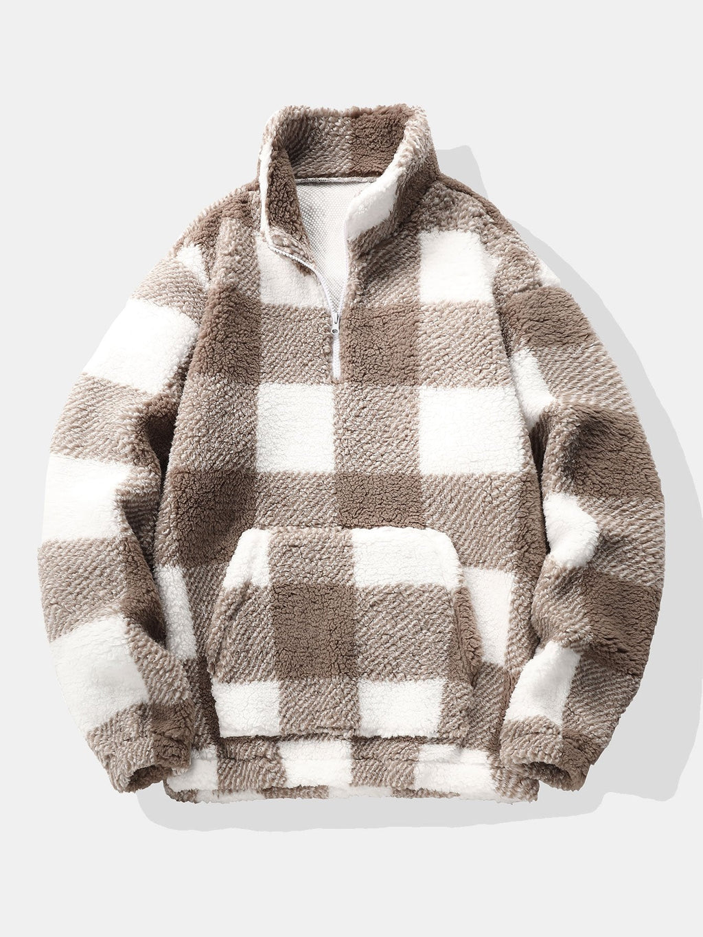 Pull-over en polaire sherpa à carreaux pour homme, à demi-zip