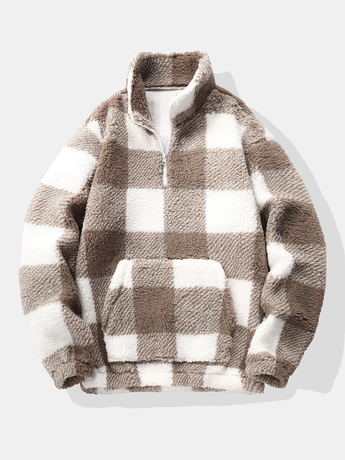 Pull-over en polaire sherpa à carreaux pour homme, à demi-zip