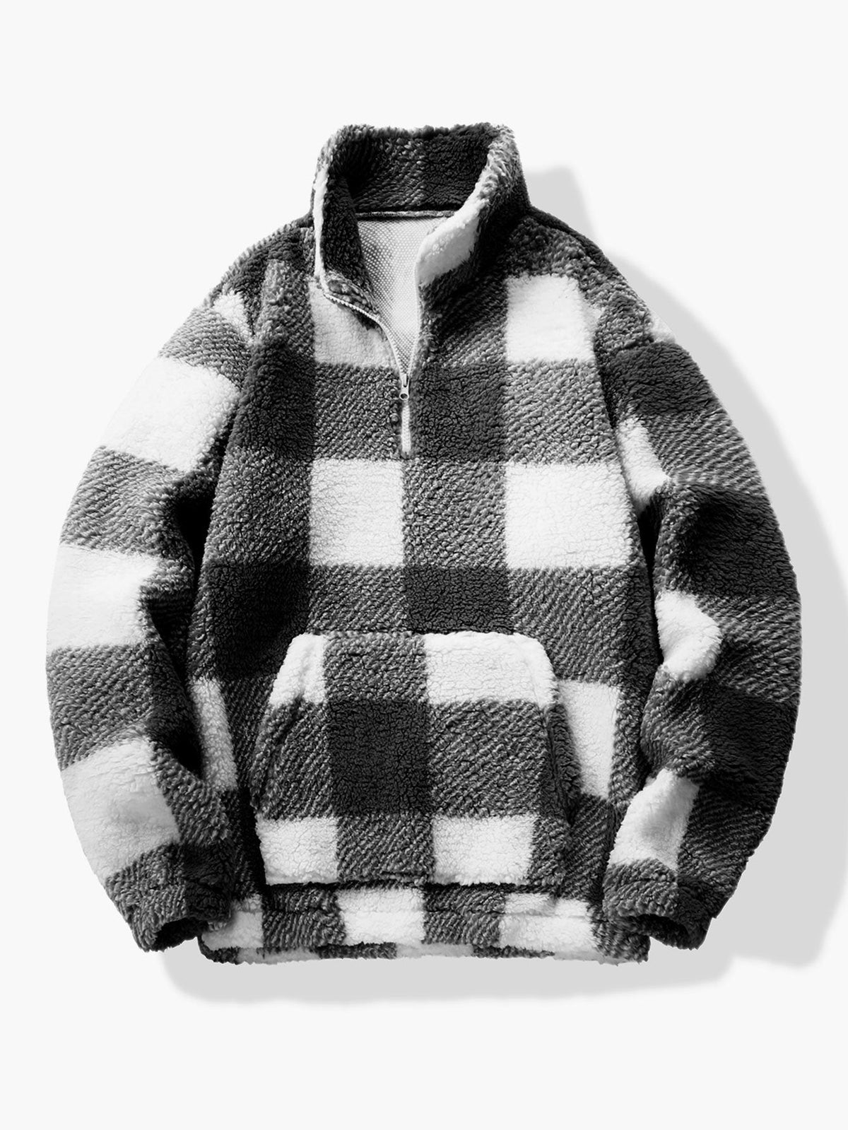 Pull-over en polaire sherpa à carreaux pour homme, à demi-zip