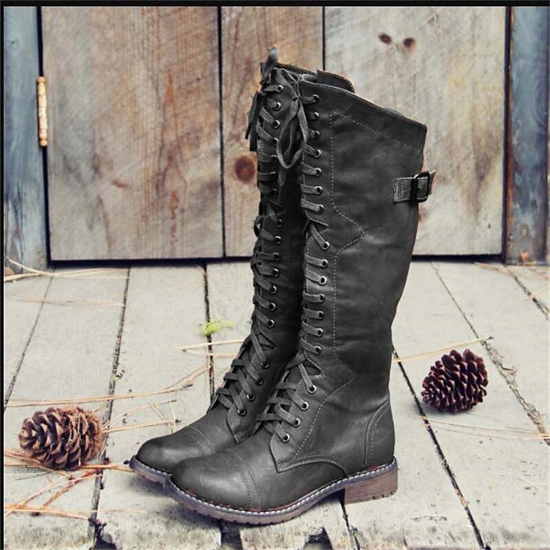 Bottes de combat à lacets pour femme, hauteur genou
