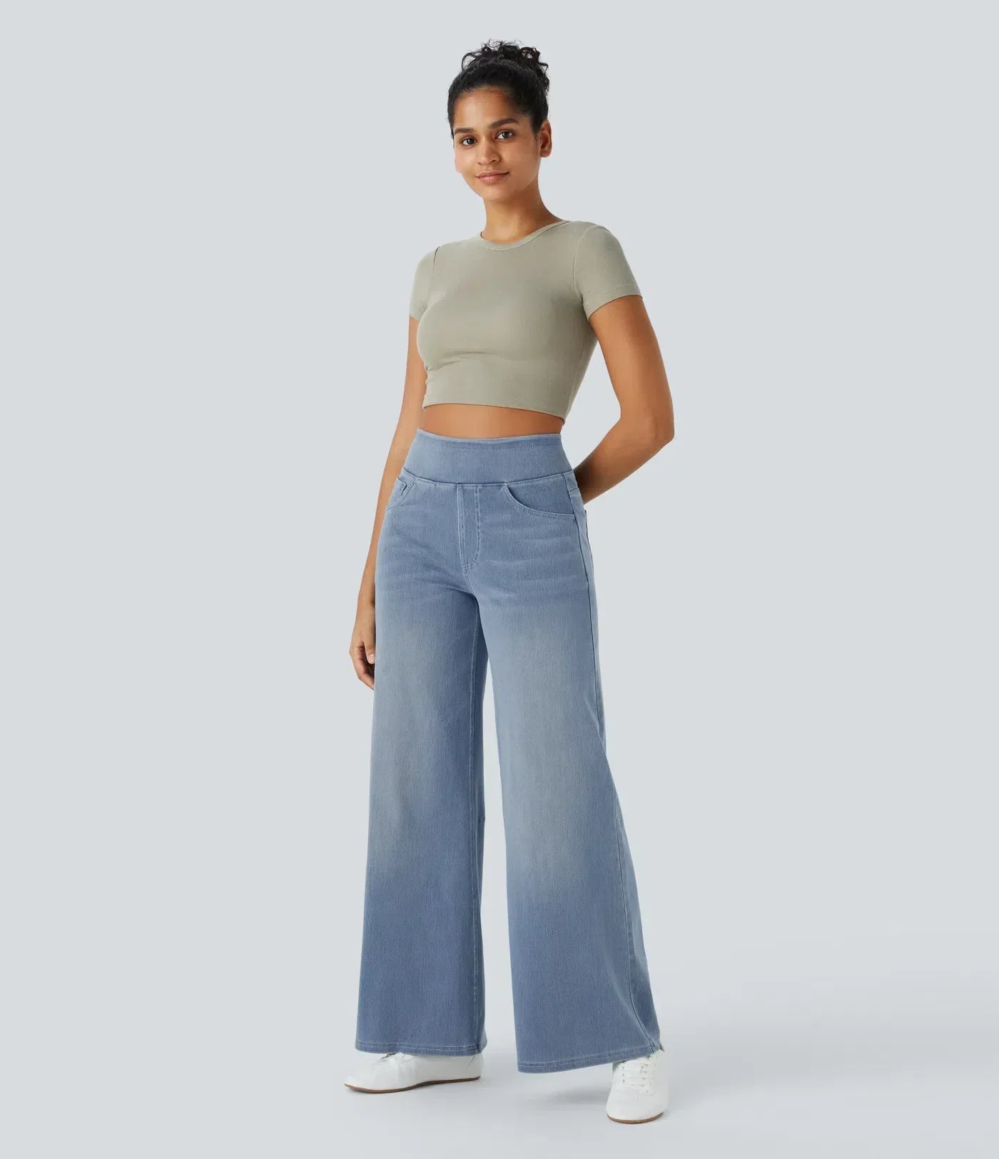 Jean extensible taille haute et jambes larges pour femme