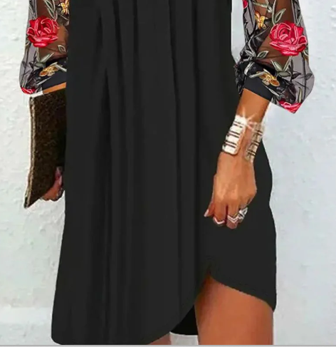 Robe droite pour femme à col en V et manches en résille florale