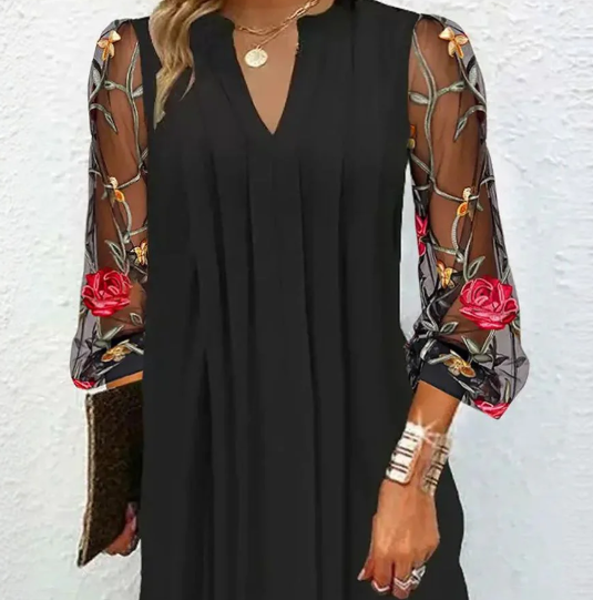 Robe droite pour femme à col en V et manches en résille florale