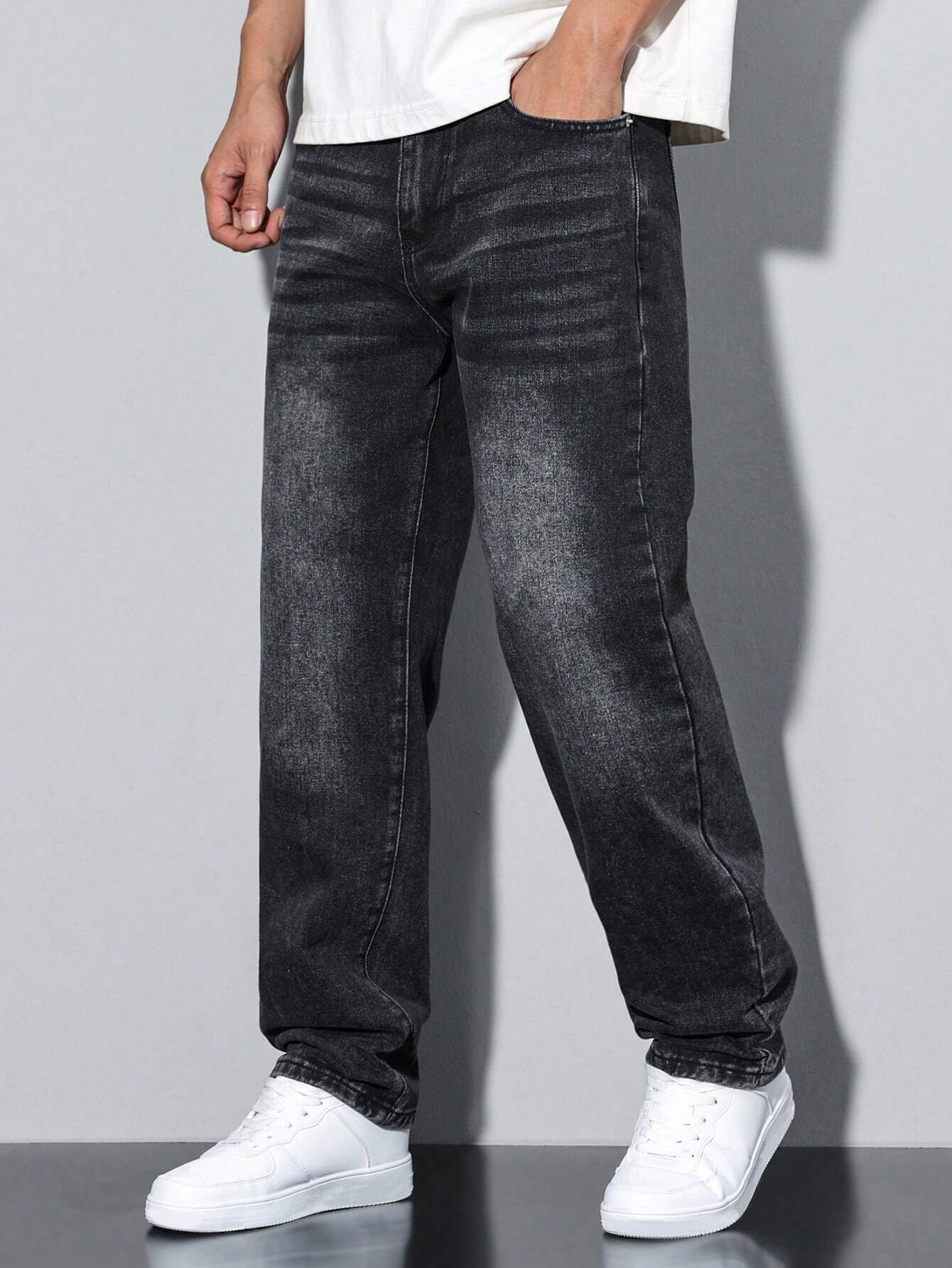 Men’s Straight Leg Jeans with Washed Denim Finish