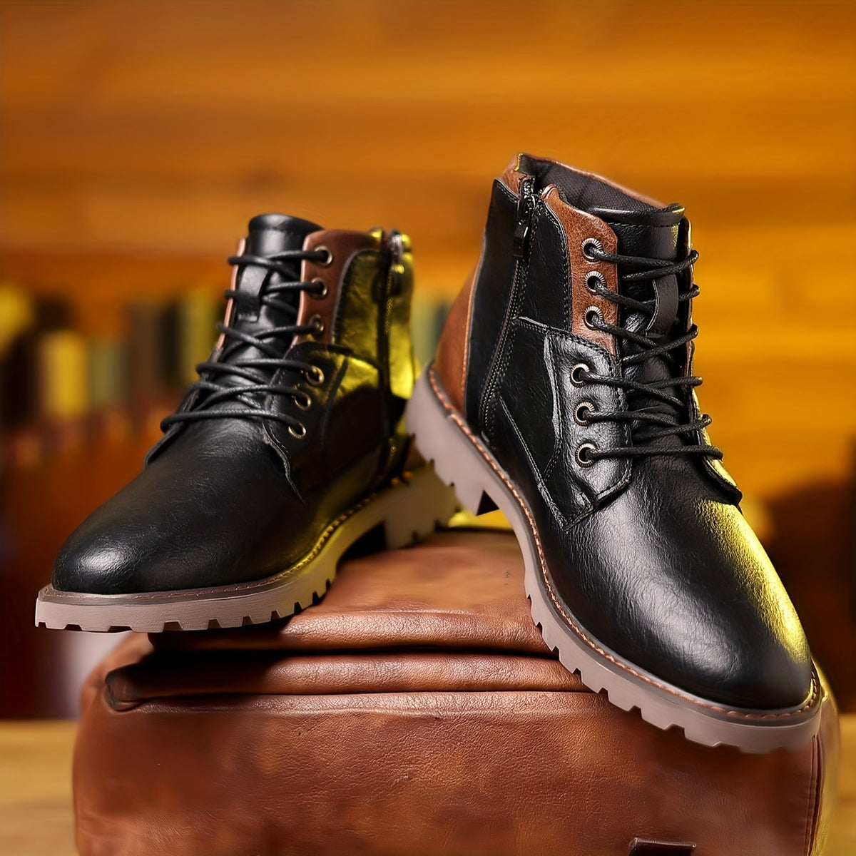 Men's Leather Lace-Up Boots with Side Zip