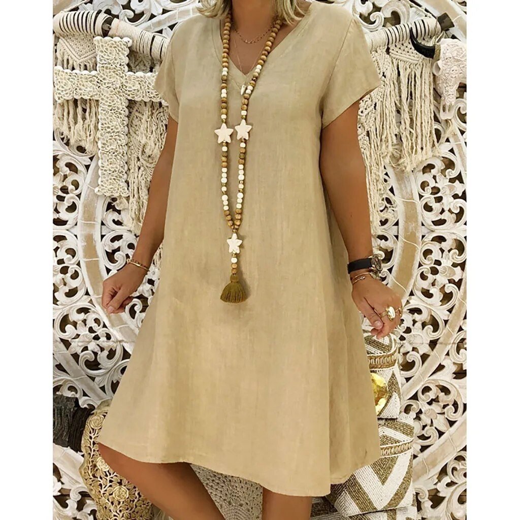 Women's Linen Blend V-Neck A-Line Mini Dress for Summer