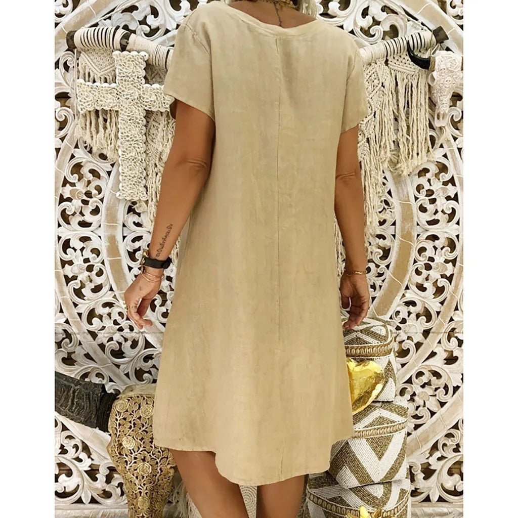 Women's Linen Blend V-Neck A-Line Mini Dress for Summer