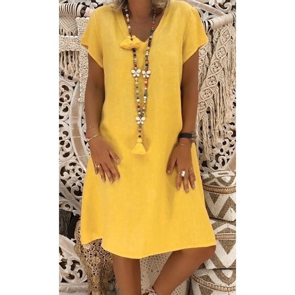 Women's Linen Blend V-Neck A-Line Mini Dress for Summer
