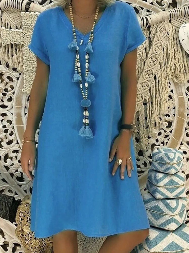 Women's Linen Blend V-Neck A-Line Mini Dress for Summer