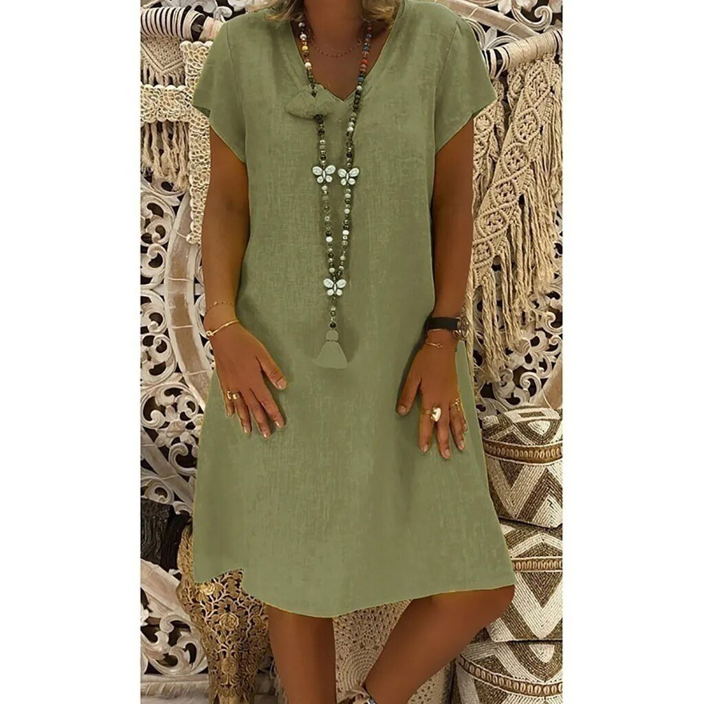 Women's Linen Blend V-Neck A-Line Mini Dress for Summer