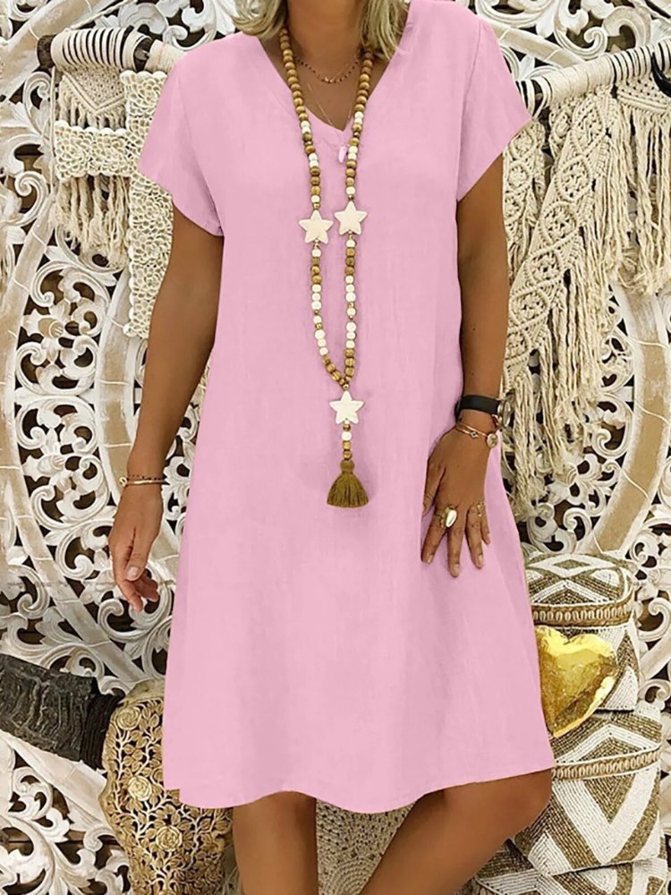 Women's Linen Blend V-Neck A-Line Mini Dress for Summer