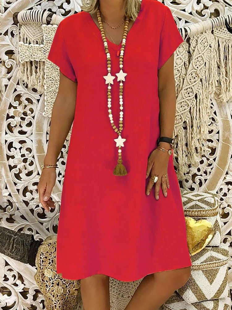 Women's Linen Blend V-Neck A-Line Mini Dress for Summer