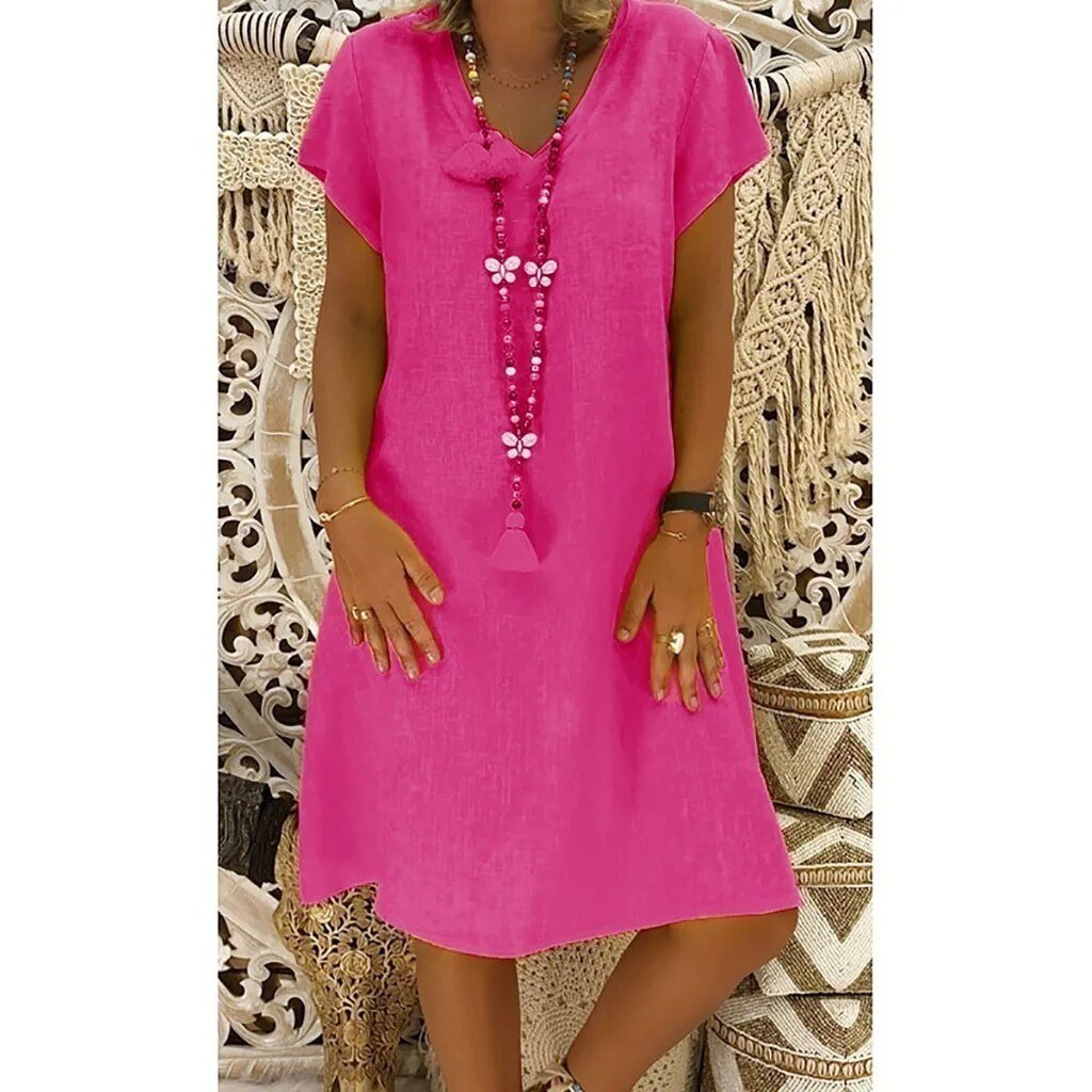 Women's Linen Blend V-Neck A-Line Mini Dress for Summer