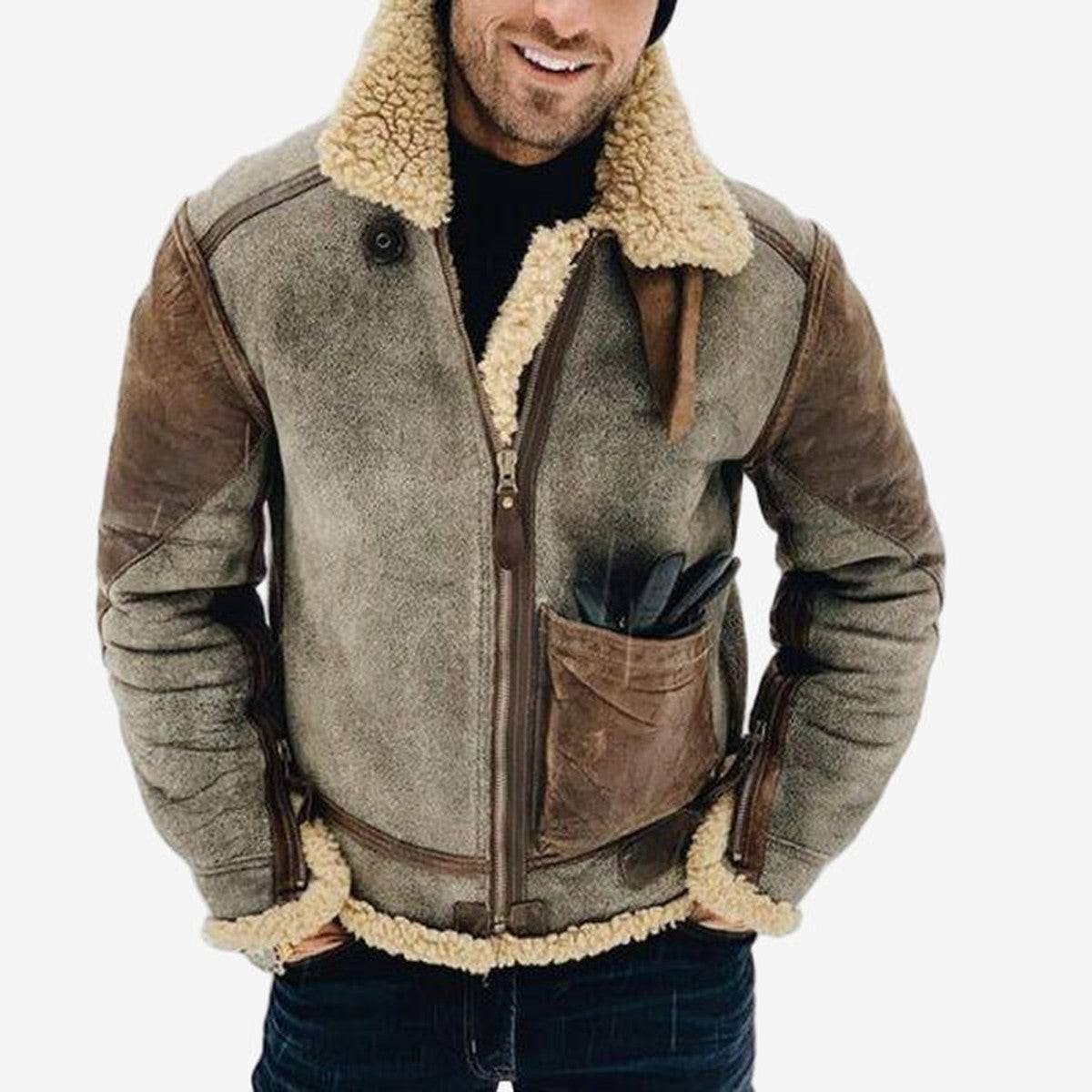 Men's Sherpa Fleece Jacket | Full Zip Stand Collar