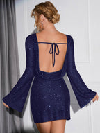 Women's Glitter Party Dress with Open Back & Long Sleeves