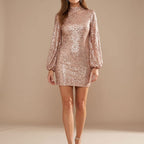 Robe courte à manches bouffantes et à sequins pour femme