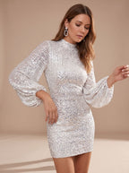 Robe courte à manches bouffantes et à sequins pour femme