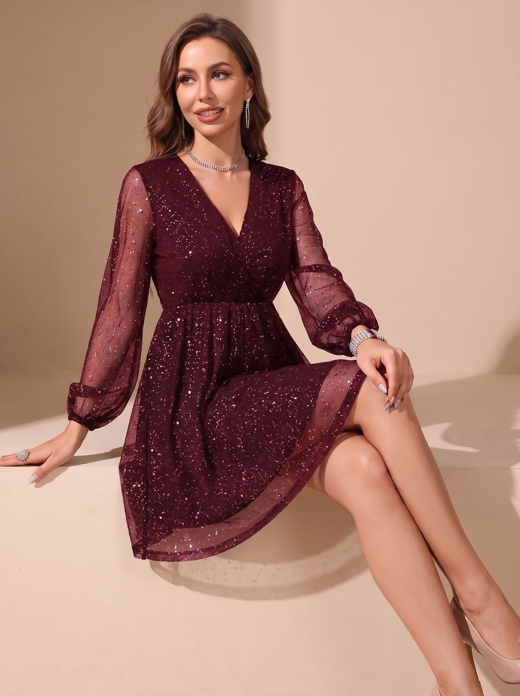 Robe de soirée de Noël scintillante pour femme | Manches transparentes
