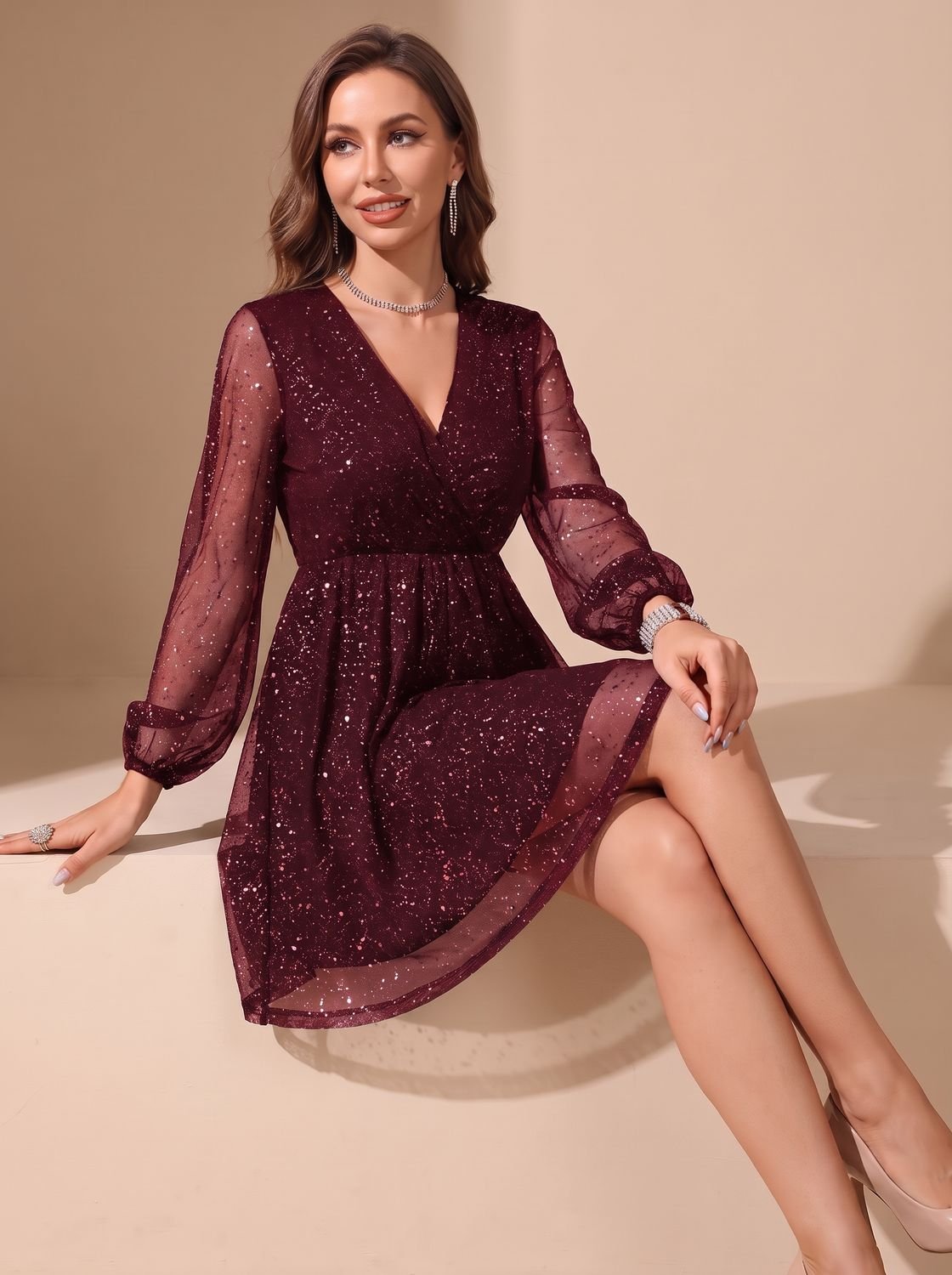 Robe de soirée de Noël scintillante pour femme | Manches transparentes