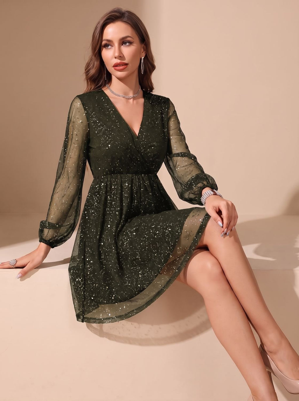 Robe de soirée de Noël scintillante pour femme | Manches transparentes