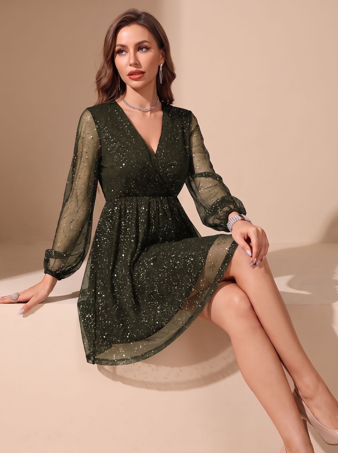 Robe de soirée de Noël scintillante pour femme | Manches transparentes