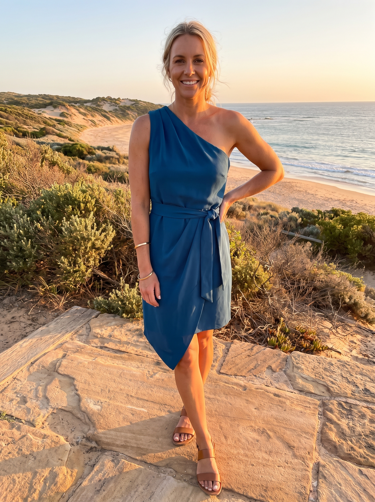 Robe midi asymétrique à une épaule pour femme avec taille à nouer