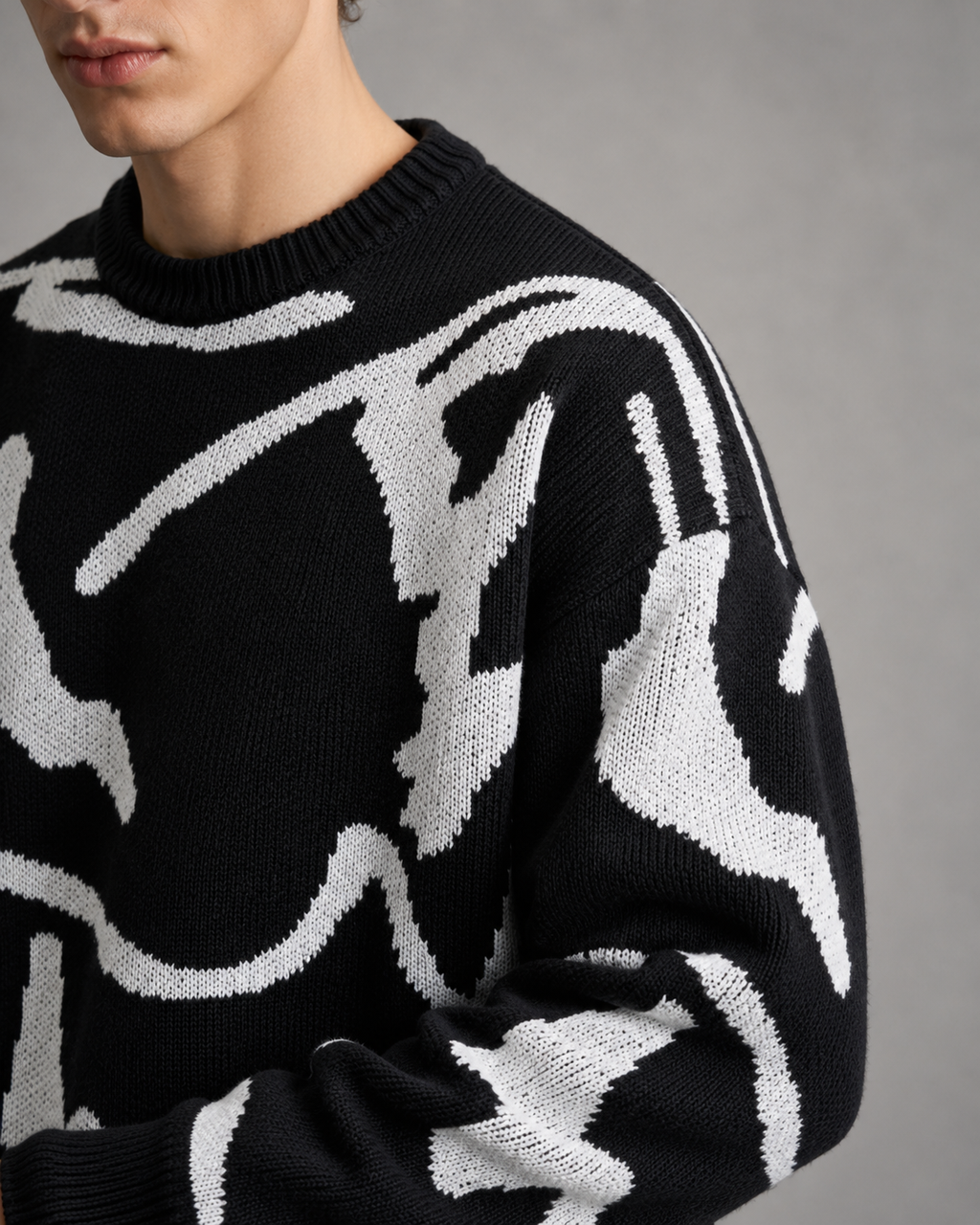 Męski dzianinowy sweter z abstrakcyjnym wzorem | Luźny krój