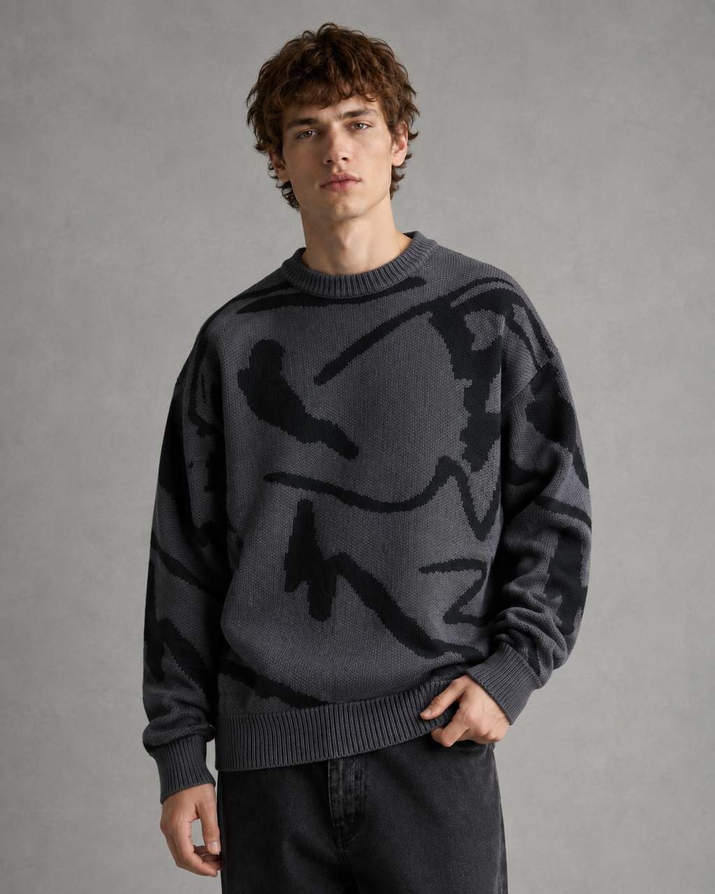 Męski dzianinowy sweter z abstrakcyjnym wzorem | Luźny krój