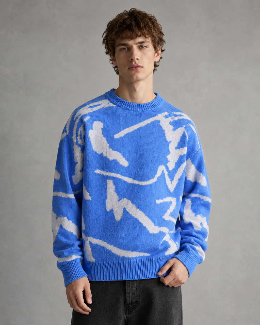 Męski dzianinowy sweter z abstrakcyjnym wzorem | Luźny krój