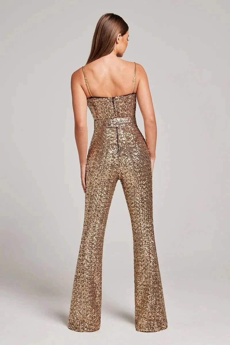 Women's Sequin Strapless Jumpsuit with Wide Leg Fit