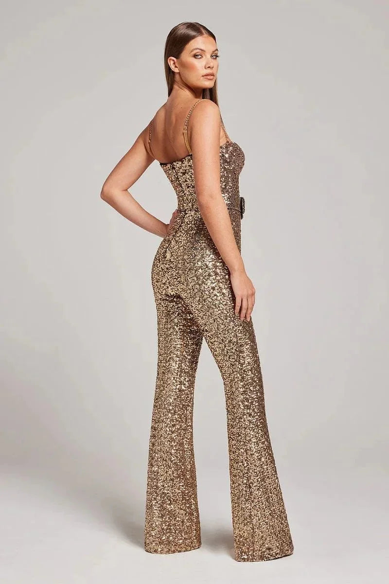 Women's Sequin Strapless Jumpsuit with Wide Leg Fit