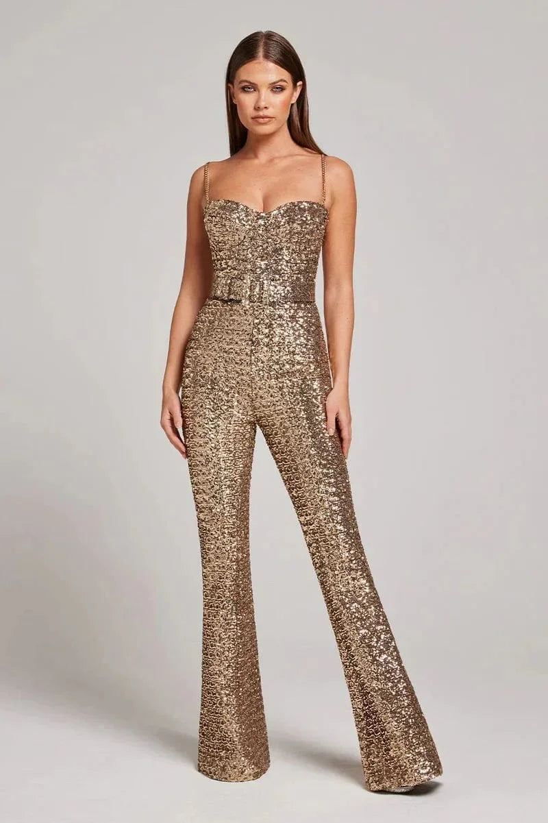 Women's Sequin Strapless Jumpsuit with Wide Leg Fit