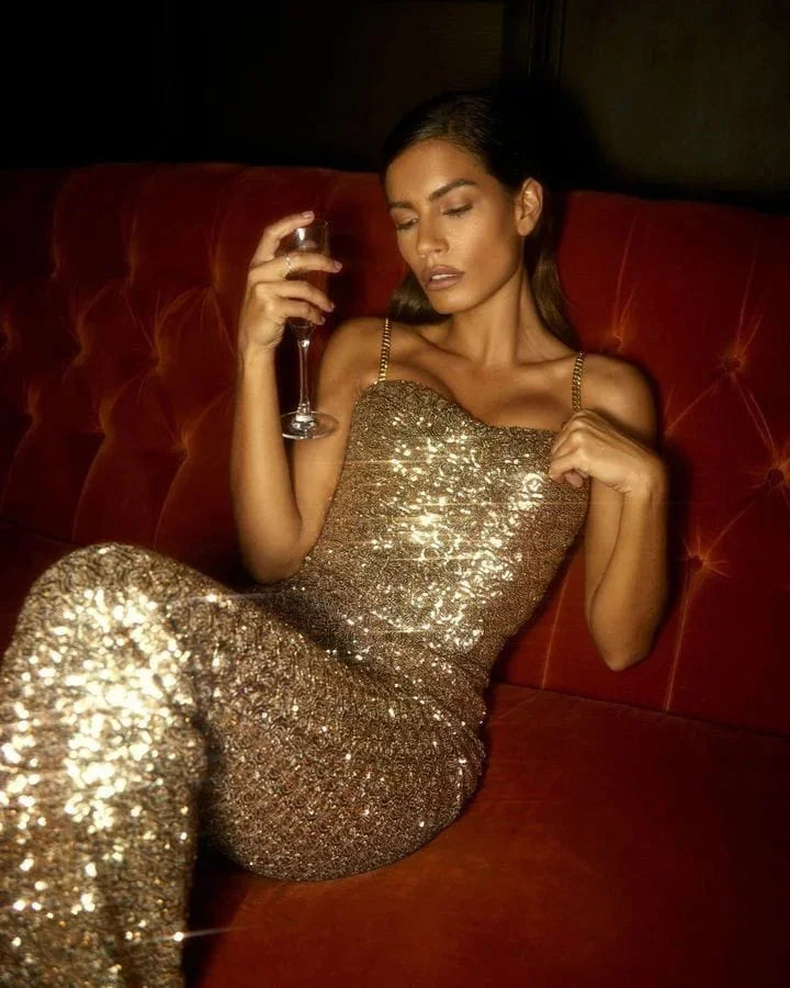 Women's Sequin Strapless Jumpsuit with Wide Leg Fit