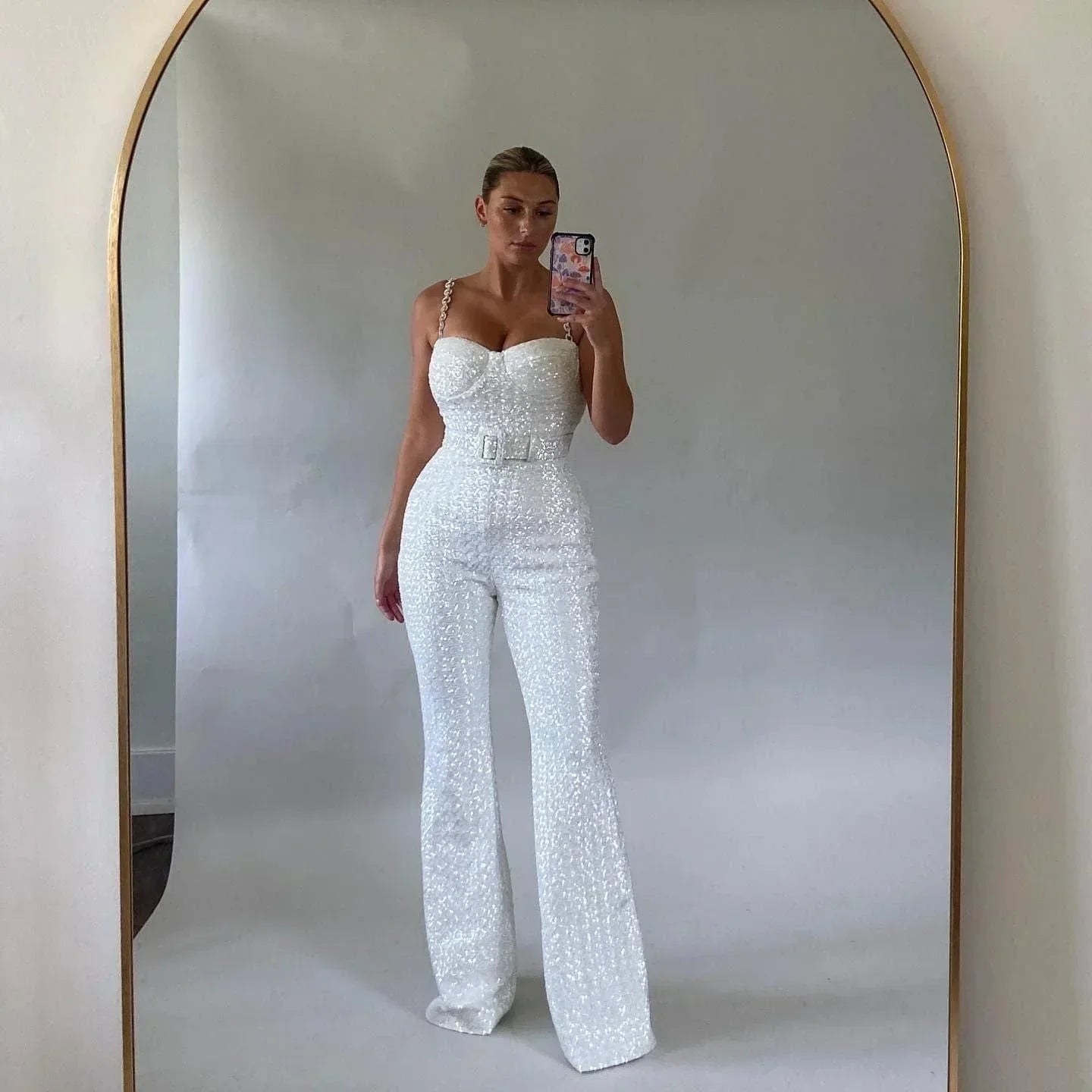 Women's Sequin Strapless Jumpsuit with Wide Leg Fit