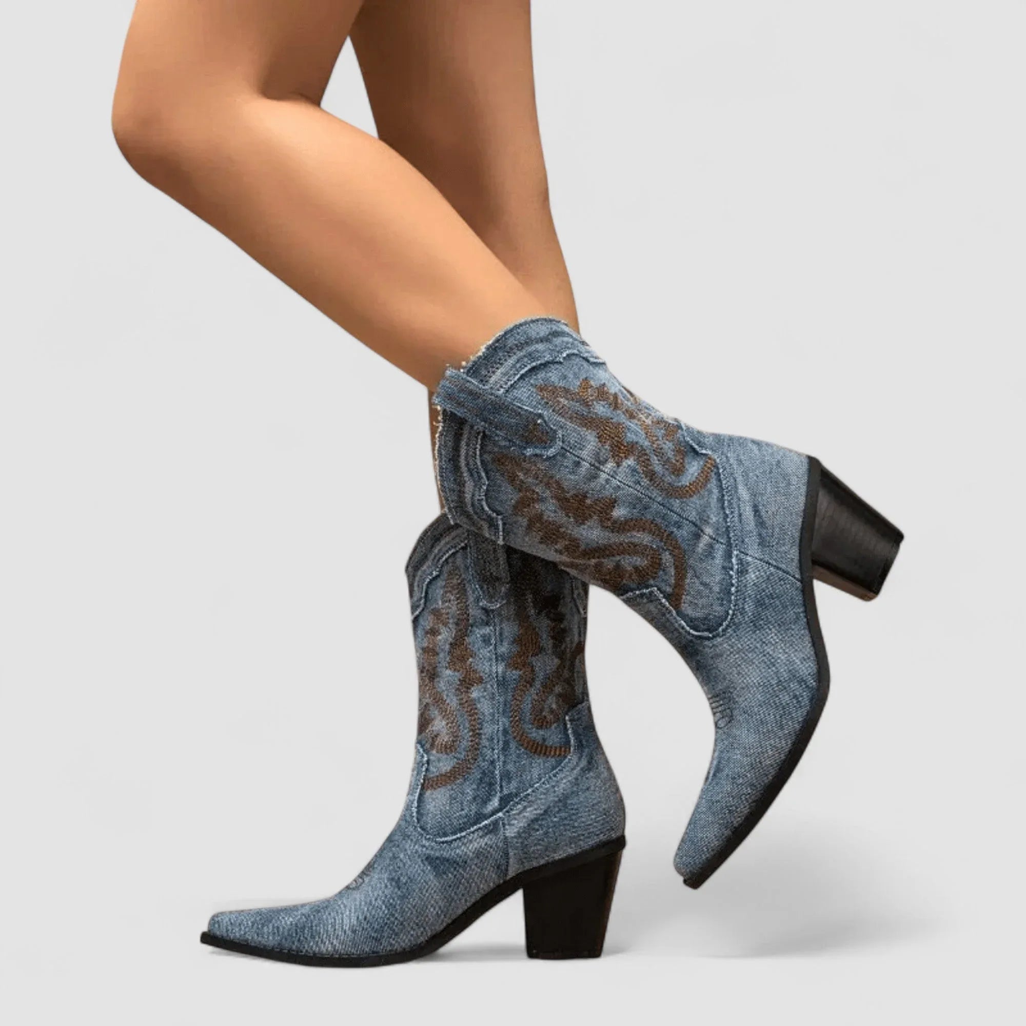 Women’s Denim Cowboy Boots with Embroidered Detail