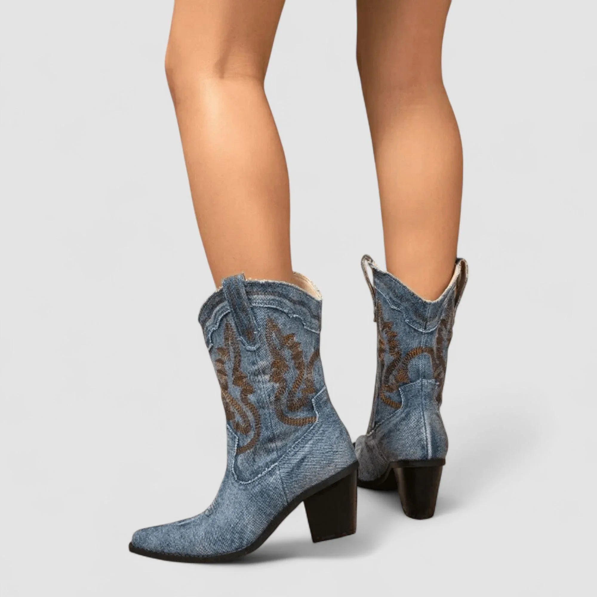 Women’s Denim Cowboy Boots with Embroidered Detail