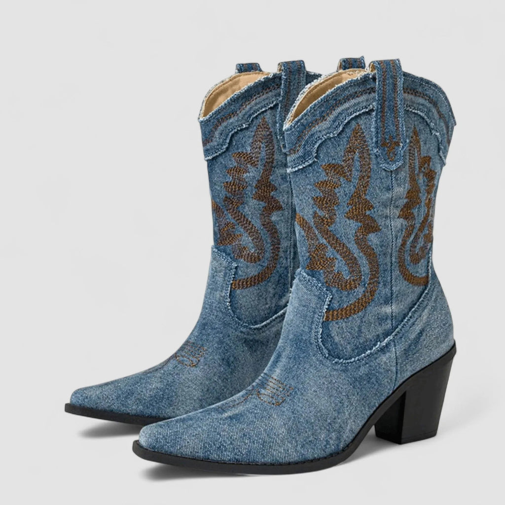 Women’s Denim Cowboy Boots with Embroidered Detail