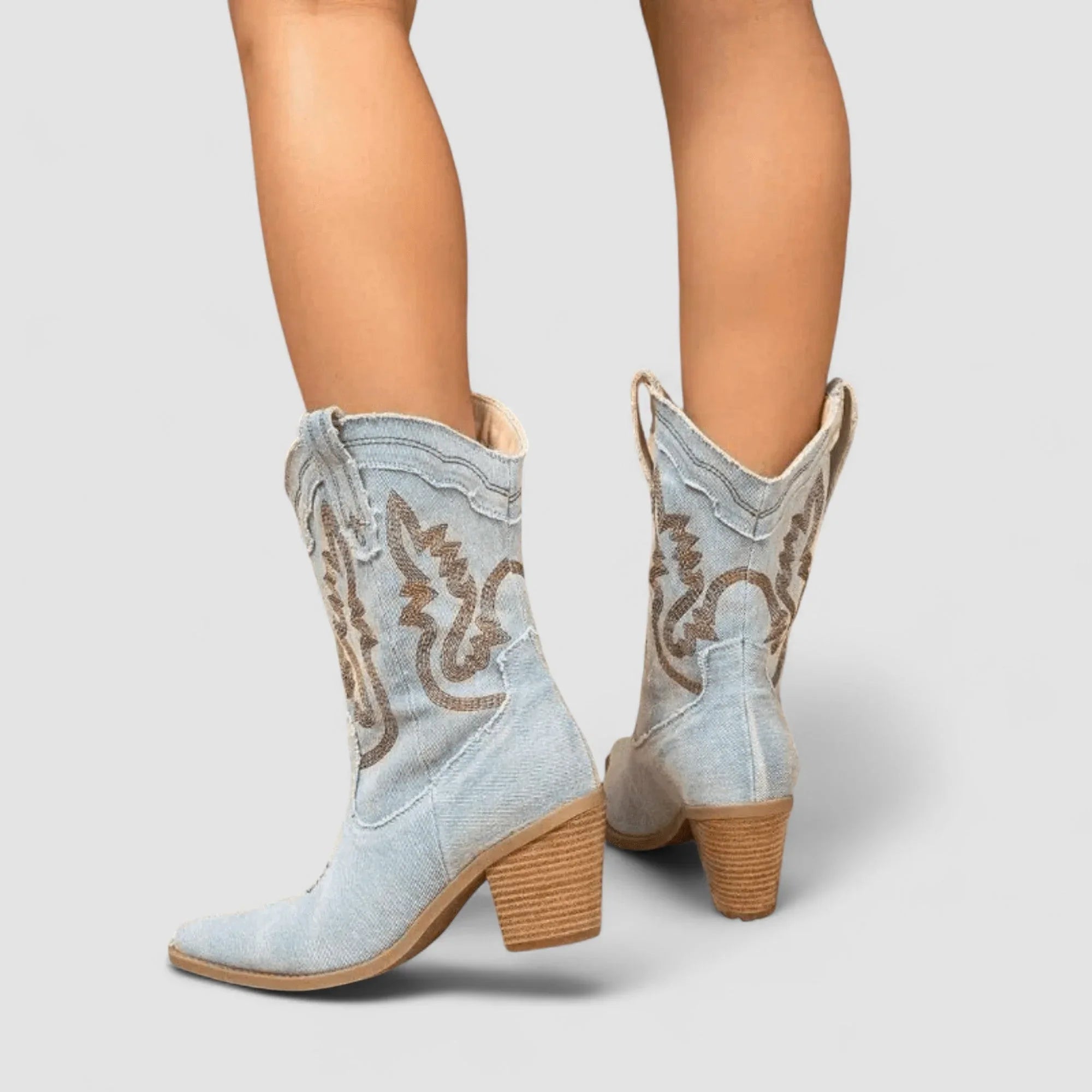 Women’s Denim Cowboy Boots with Embroidered Detail