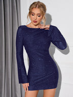 Women's Glitter Party Dress with Open Back & Long Sleeves