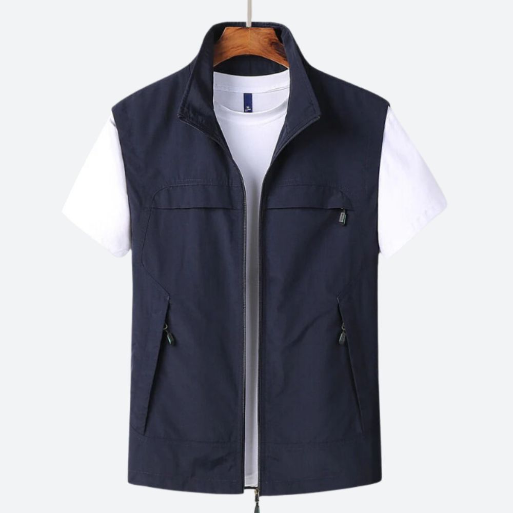 Gilet long pour homme avec fermeture zippée sur le devant et poches utilitaires
