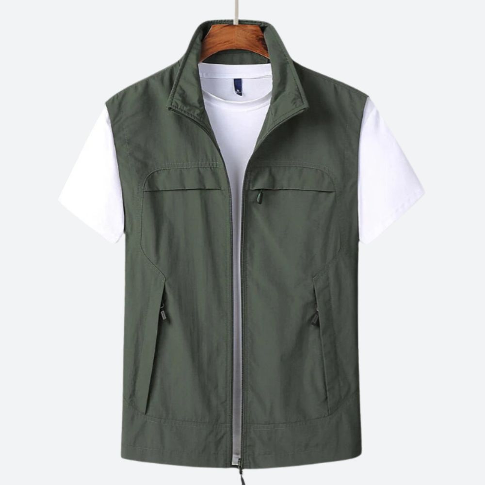 Gilet long pour homme avec fermeture zippée sur le devant et poches utilitaires