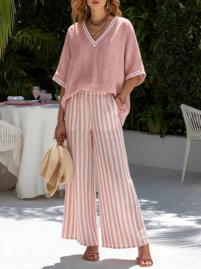 Ensemble composé d’un haut pour femme à col en V et d’un pantalon large rayé